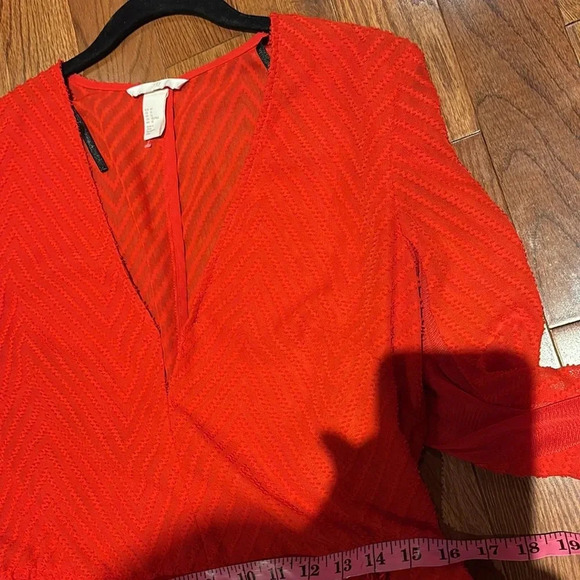 H&M Long Maci knotted sheer Red Wrap V neck Dress Sz 12 - Picture 10 of 16